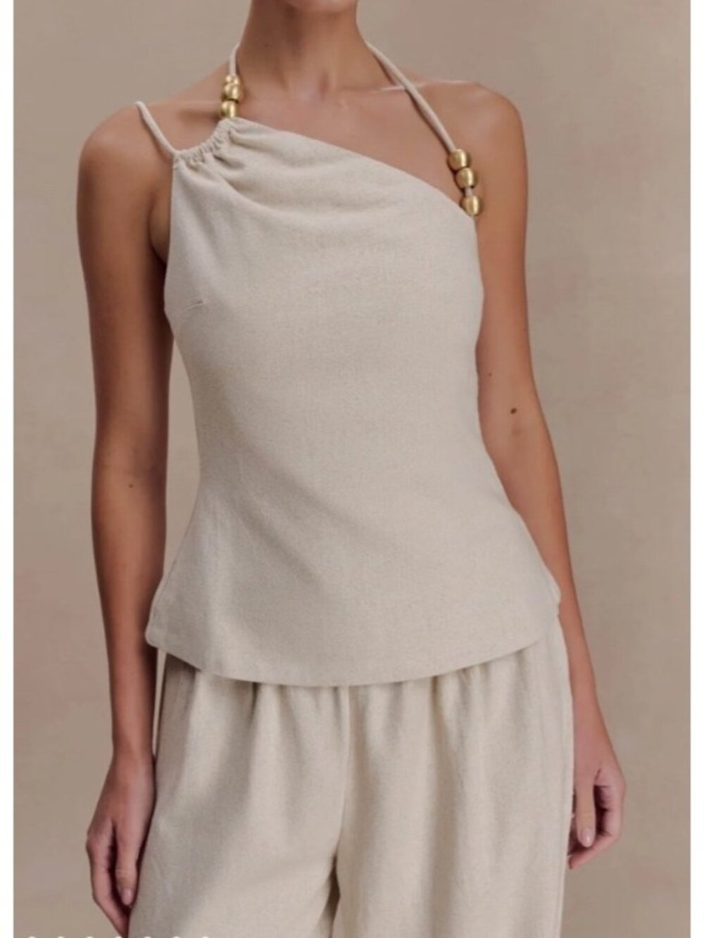 Meshki Women's Sz Small Gabby Asymmetrical Neckline Linen Beaded Top